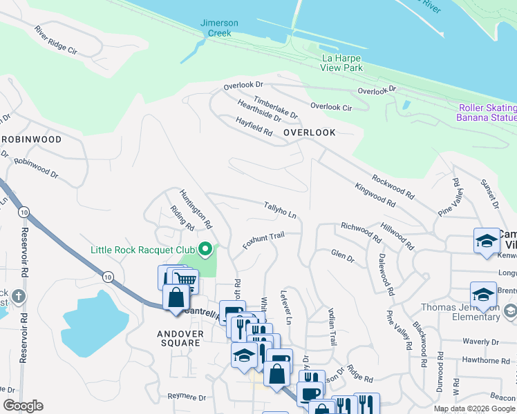 map of restaurants, bars, coffee shops, grocery stores, and more near 25 Tallyho Lane in Little Rock
