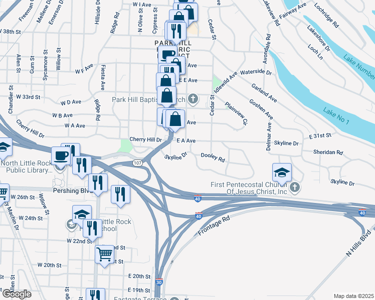 map of restaurants, bars, coffee shops, grocery stores, and more near 241 Skyline Drive in North Little Rock