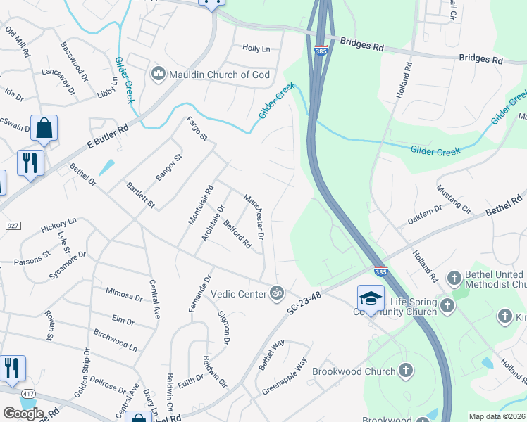 map of restaurants, bars, coffee shops, grocery stores, and more near 119 Manchester Drive in Mauldin