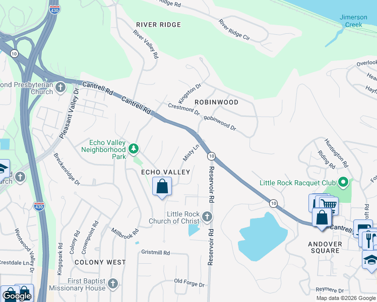 map of restaurants, bars, coffee shops, grocery stores, and more near 3210 Misty Lane in Little Rock
