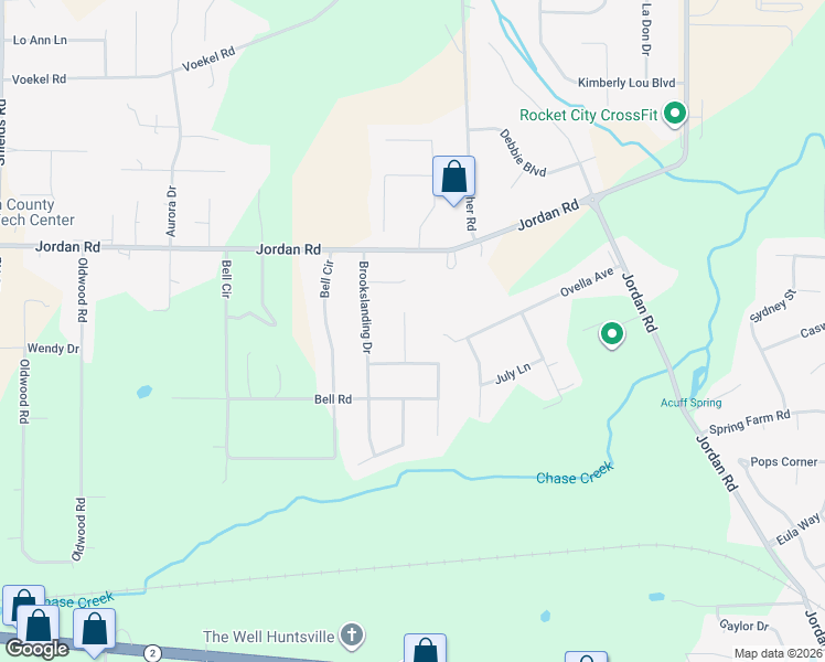 map of restaurants, bars, coffee shops, grocery stores, and more near 105 Spruce Pine Lane in Huntsville