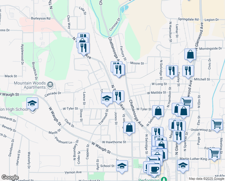 map of restaurants, bars, coffee shops, grocery stores, and more near 812 Jones St in Dalton