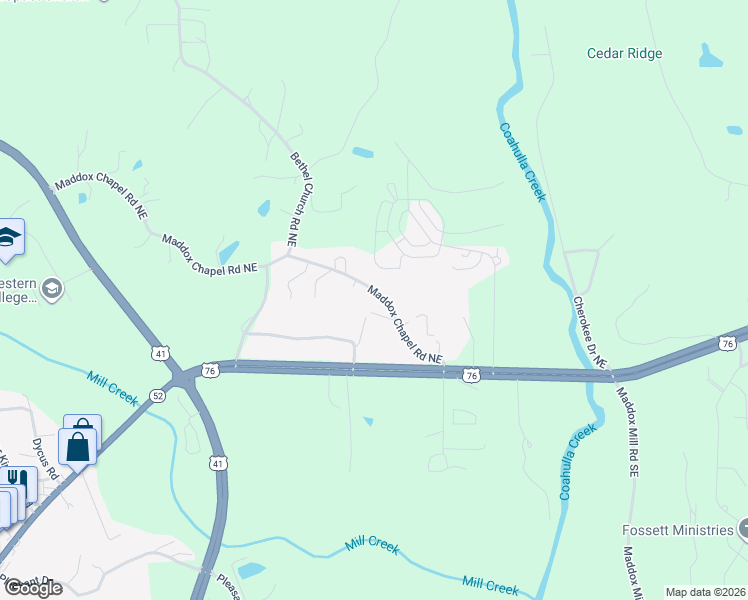 map of restaurants, bars, coffee shops, grocery stores, and more near 2558 Maddox Chapel Road Northeast in Dalton