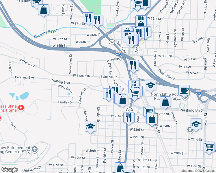 map of restaurants, bars, coffee shops, grocery stores, and more near 13 Cliffwood Circle in North Little Rock