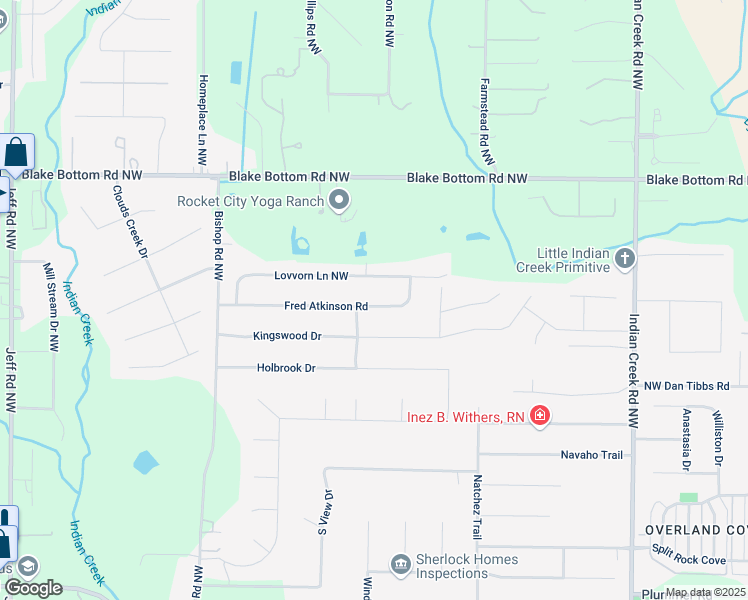 map of restaurants, bars, coffee shops, grocery stores, and more near 135 Fred Atkinson Road in Huntsville