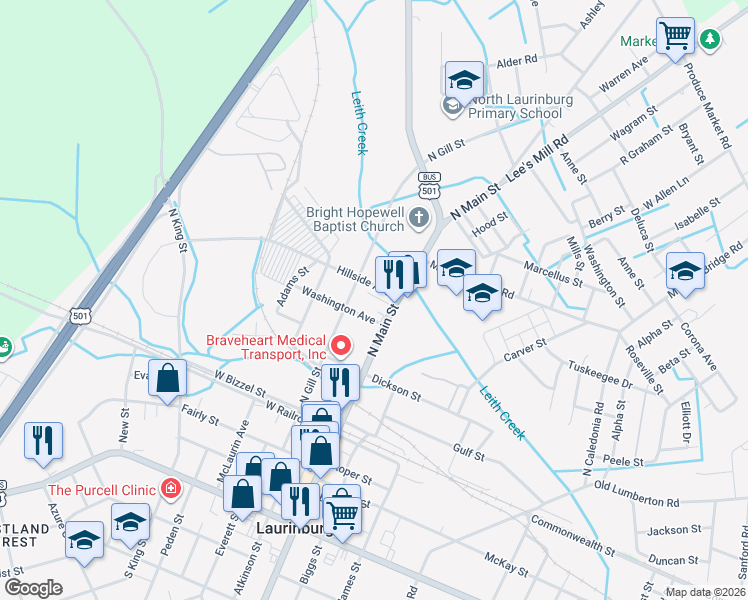 map of restaurants, bars, coffee shops, grocery stores, and more near 113 Barrett Street in Laurinburg