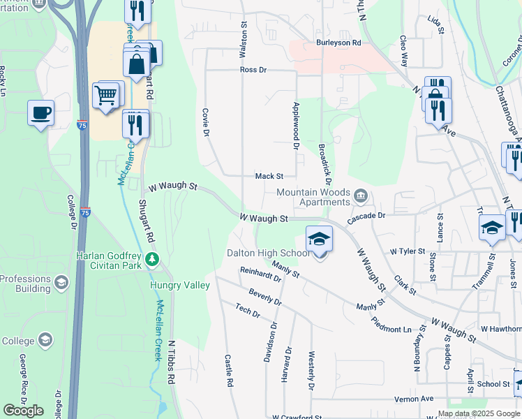 map of restaurants, bars, coffee shops, grocery stores, and more near 1101 Gravely Street in Dalton