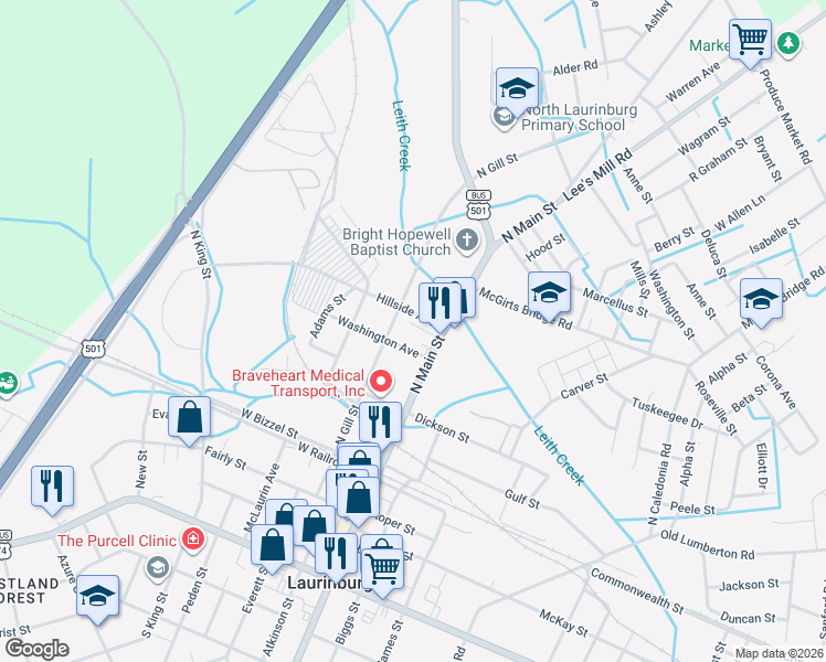 map of restaurants, bars, coffee shops, grocery stores, and more near 113 Barrett Street in Laurinburg