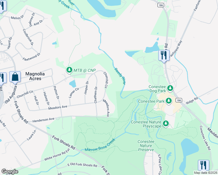 map of restaurants, bars, coffee shops, grocery stores, and more near 605 Churchill Circle in Greenville