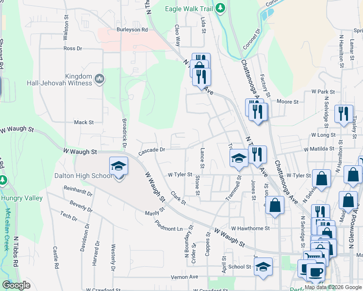 map of restaurants, bars, coffee shops, grocery stores, and more near 902 Cascade Drive in Dalton