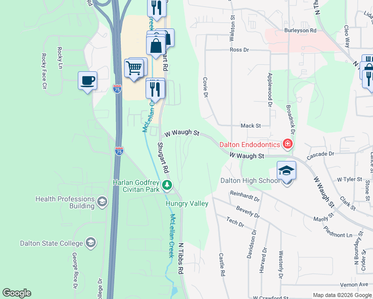 map of restaurants, bars, coffee shops, grocery stores, and more near 347 Ivy Gate Place in Dalton