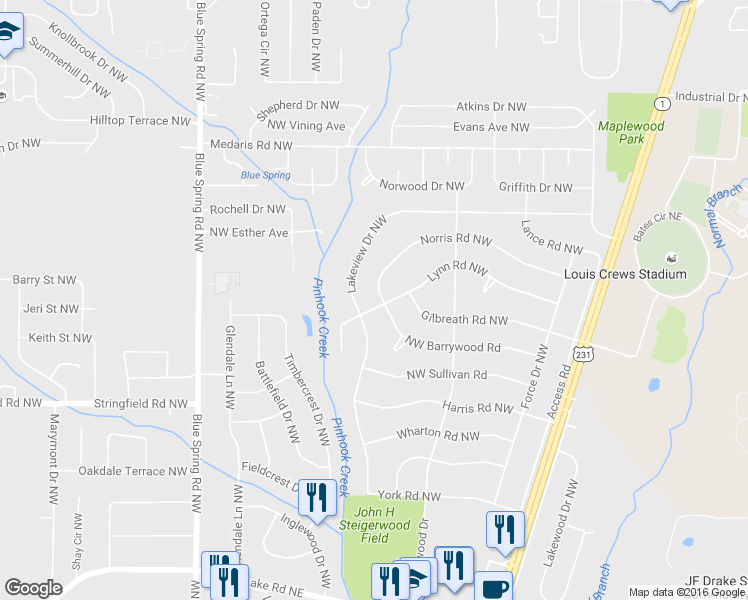 map of restaurants, bars, coffee shops, grocery stores, and more near 2213 Lynn Road Northwest in Huntsville