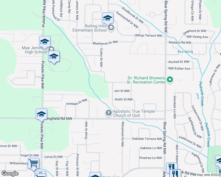 map of restaurants, bars, coffee shops, grocery stores, and more near 4235 Tee Jay Drive Northwest in Huntsville
