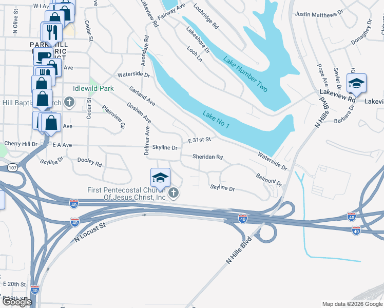 map of restaurants, bars, coffee shops, grocery stores, and more near 105 Sheridan Road in North Little Rock