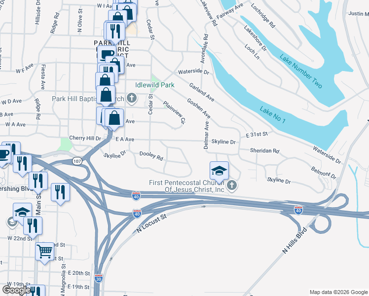 map of restaurants, bars, coffee shops, grocery stores, and more near 632 Skyline Drive in North Little Rock