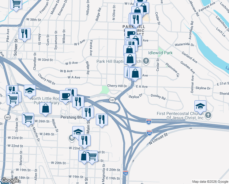 map of restaurants, bars, coffee shops, grocery stores, and more near 130 Crestview Drive in North Little Rock