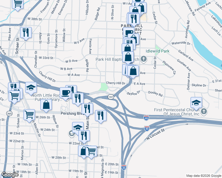 map of restaurants, bars, coffee shops, grocery stores, and more near 130 Crestview Drive in North Little Rock