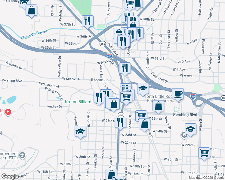 map of restaurants, bars, coffee shops, grocery stores, and more near 15 La Vista Drive in North Little Rock