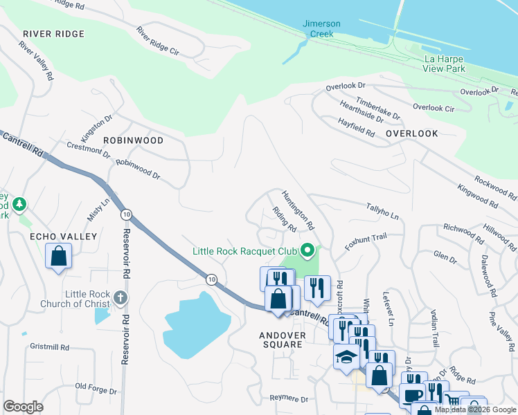 map of restaurants, bars, coffee shops, grocery stores, and more near 17 Riding Road in Little Rock
