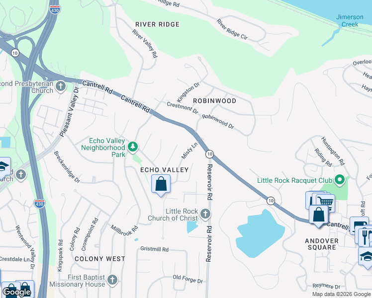 map of restaurants, bars, coffee shops, grocery stores, and more near 3210 Misty Lane in Little Rock