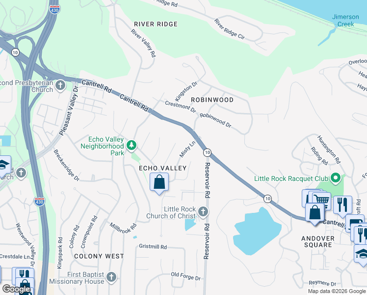 map of restaurants, bars, coffee shops, grocery stores, and more near 3210 Misty Lane in Little Rock