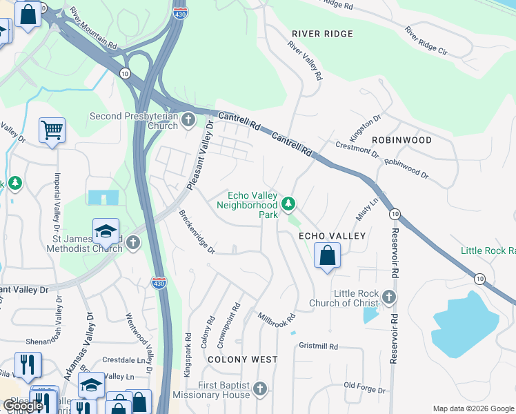 map of restaurants, bars, coffee shops, grocery stores, and more near 3203 Ridge Pass Road in Little Rock