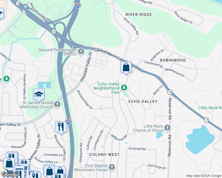 map of restaurants, bars, coffee shops, grocery stores, and more near 3203 Ridge Pass Road in Little Rock