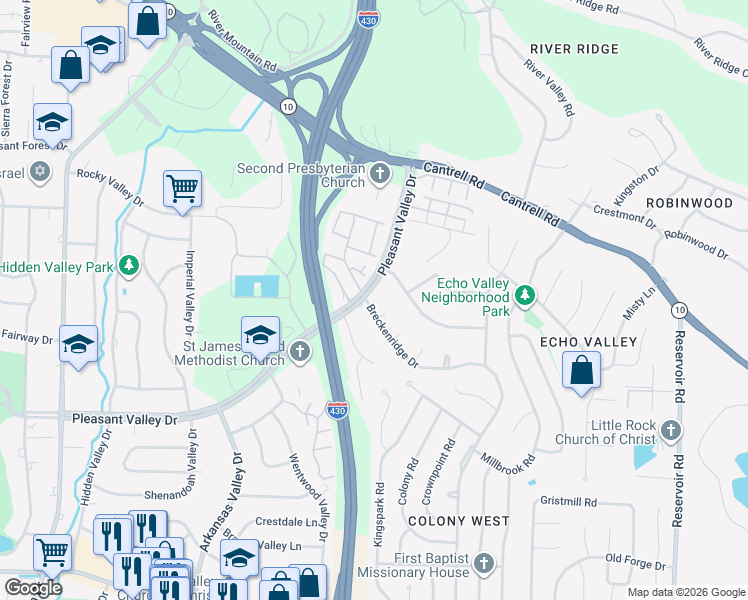 map of restaurants, bars, coffee shops, grocery stores, and more near 4 Amesbury Court in Little Rock
