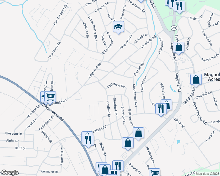 map of restaurants, bars, coffee shops, grocery stores, and more near 47 Plainfield Circle in Greenville