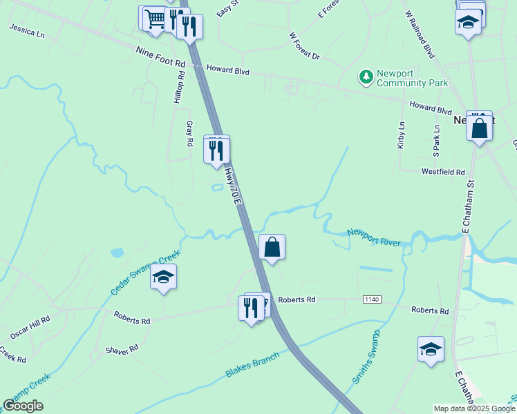 map of restaurants, bars, coffee shops, grocery stores, and more near 6850 U.S. 70 in Newport