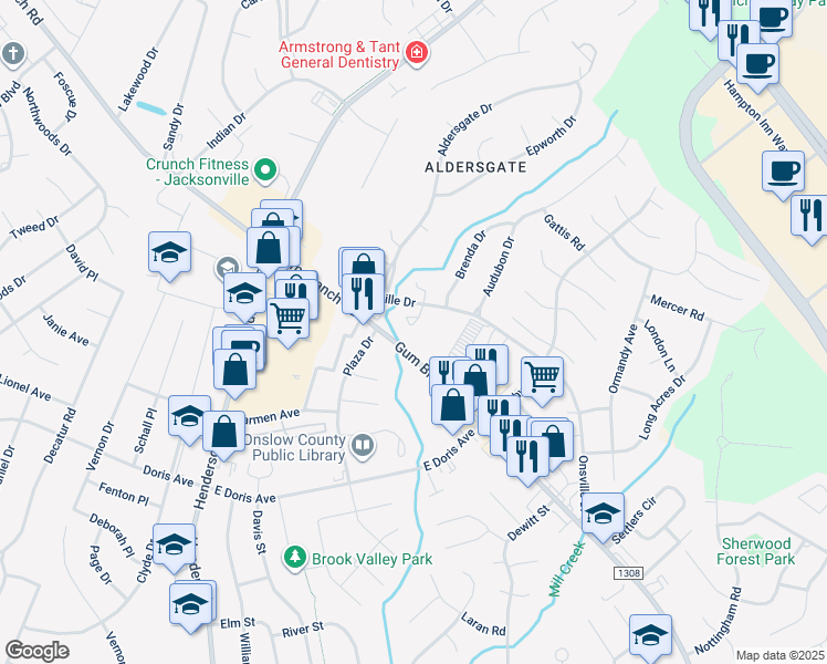 map of restaurants, bars, coffee shops, grocery stores, and more near 20 Onsville Place in Jacksonville