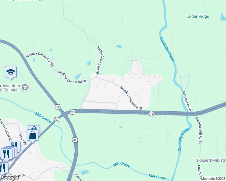 map of restaurants, bars, coffee shops, grocery stores, and more near 2536 Maddox Chapel Road Northeast in Dalton