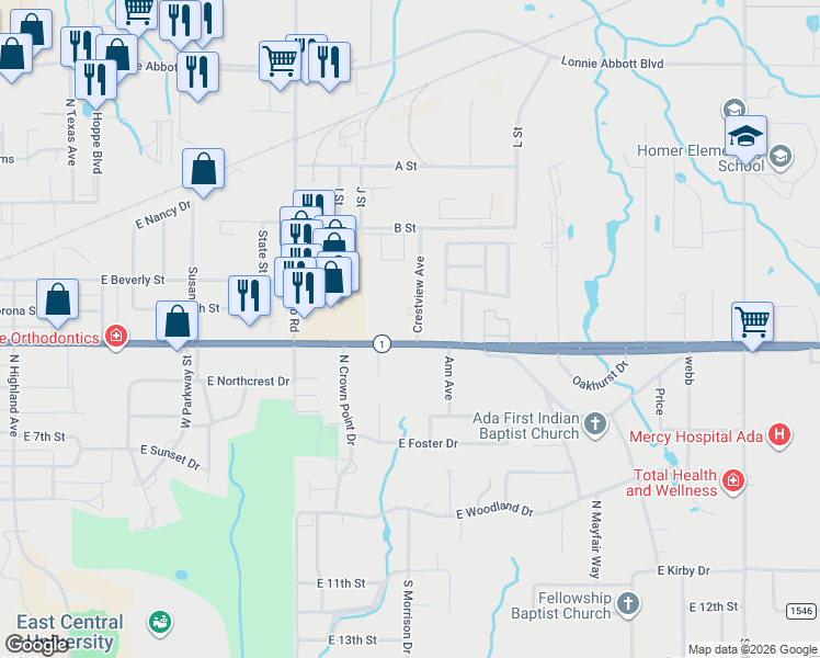 map of restaurants, bars, coffee shops, grocery stores, and more near 2100 East Arlington Boulevard in Ada