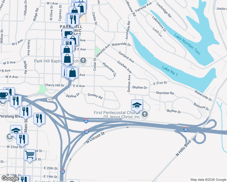 map of restaurants, bars, coffee shops, grocery stores, and more near 632 Skyline Drive in North Little Rock
