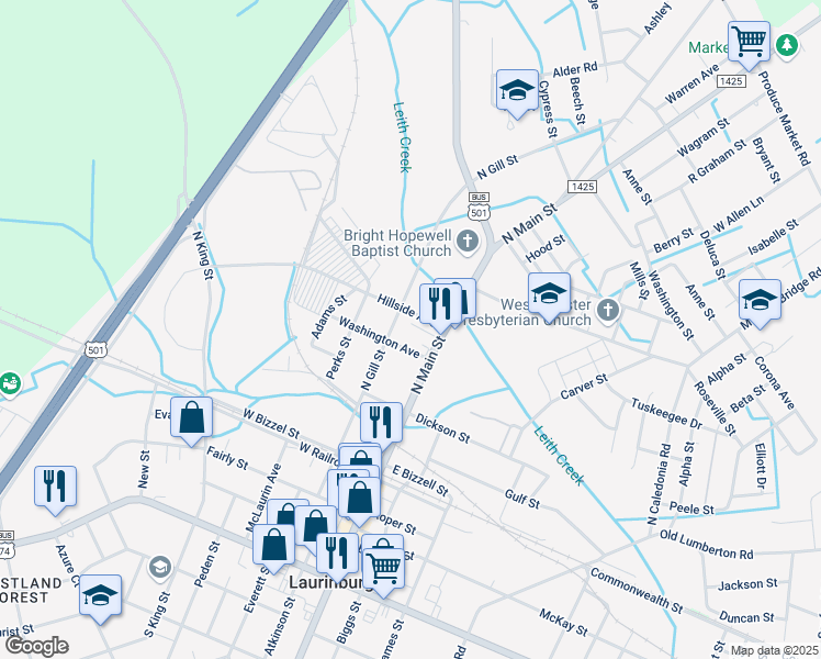 map of restaurants, bars, coffee shops, grocery stores, and more near 115 Barrett Street in Laurinburg