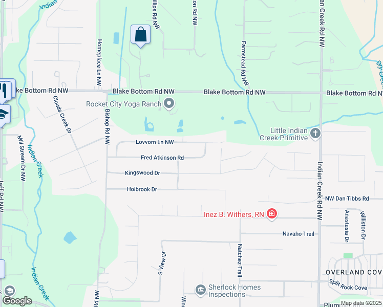 map of restaurants, bars, coffee shops, grocery stores, and more near 135 Fred Atkinson Road in Huntsville