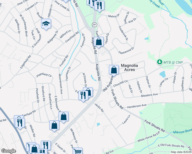 map of restaurants, bars, coffee shops, grocery stores, and more near 5300 Augusta Road in Greenville