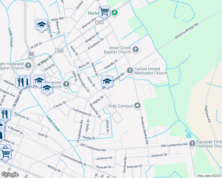 map of restaurants, bars, coffee shops, grocery stores, and more near 815 McGirts Bridge Road in Laurinburg