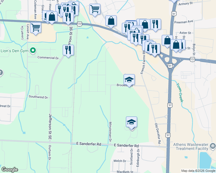 map of restaurants, bars, coffee shops, grocery stores, and more near 320 Brookhill Drive in Athens