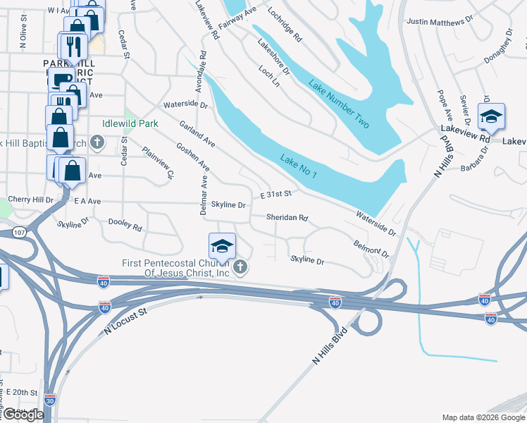 map of restaurants, bars, coffee shops, grocery stores, and more near 105 Sheridan Road in North Little Rock