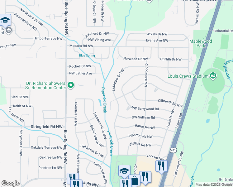 map of restaurants, bars, coffee shops, grocery stores, and more near 4202 Lakeview Drive Northwest in Huntsville