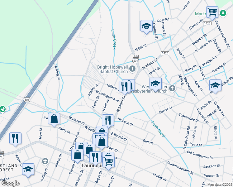 map of restaurants, bars, coffee shops, grocery stores, and more near 115 Barrett Street in Laurinburg