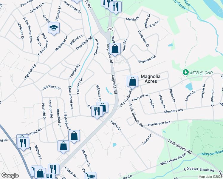 map of restaurants, bars, coffee shops, grocery stores, and more near 5300 Augusta Road in Greenville