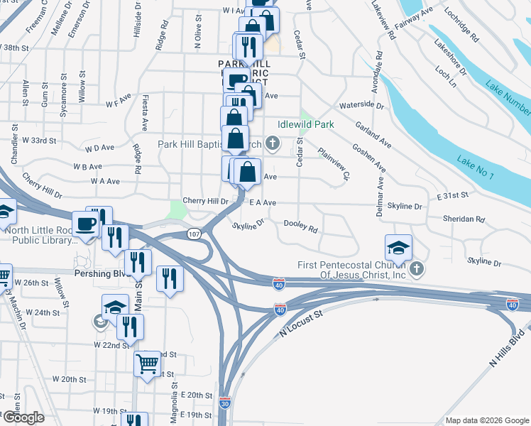 map of restaurants, bars, coffee shops, grocery stores, and more near 241 Skyline Drive in North Little Rock