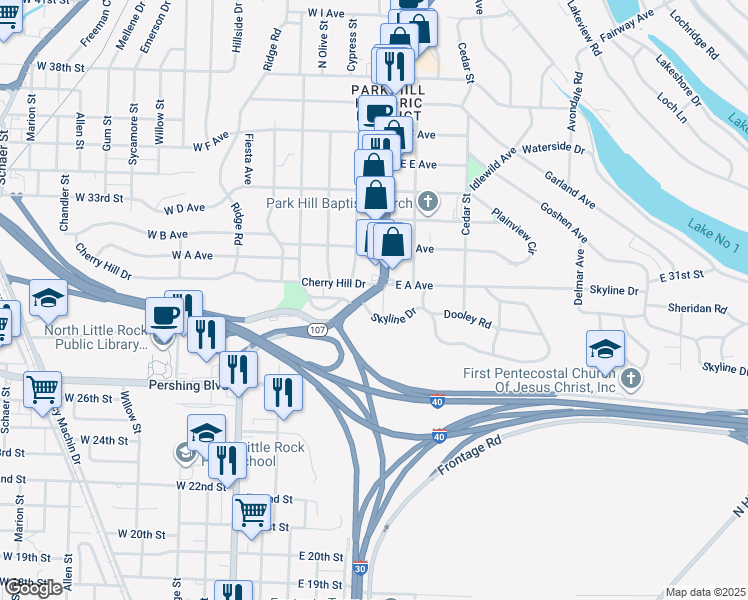 map of restaurants, bars, coffee shops, grocery stores, and more near 201 Skyline Drive in North Little Rock