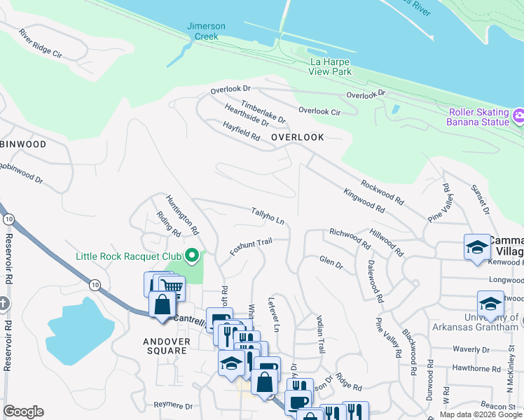 map of restaurants, bars, coffee shops, grocery stores, and more near 34 Tallyho Lane in Little Rock