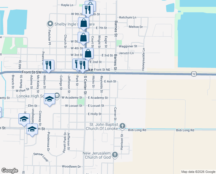 map of restaurants, bars, coffee shops, grocery stores, and more near 221 Ferguson Street in Lonoke