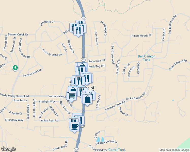 map of restaurants, bars, coffee shops, grocery stores, and more near 70 Valley Trail in Sedona