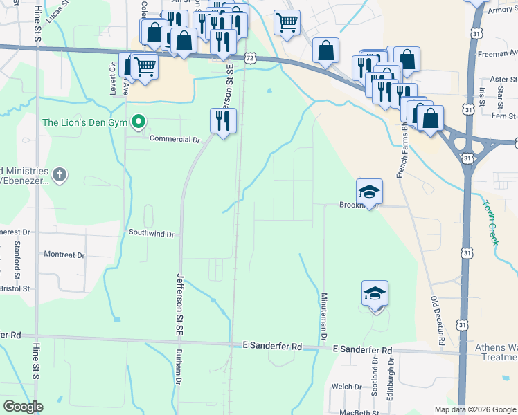 map of restaurants, bars, coffee shops, grocery stores, and more near 1506 South Monroe Street in Athens