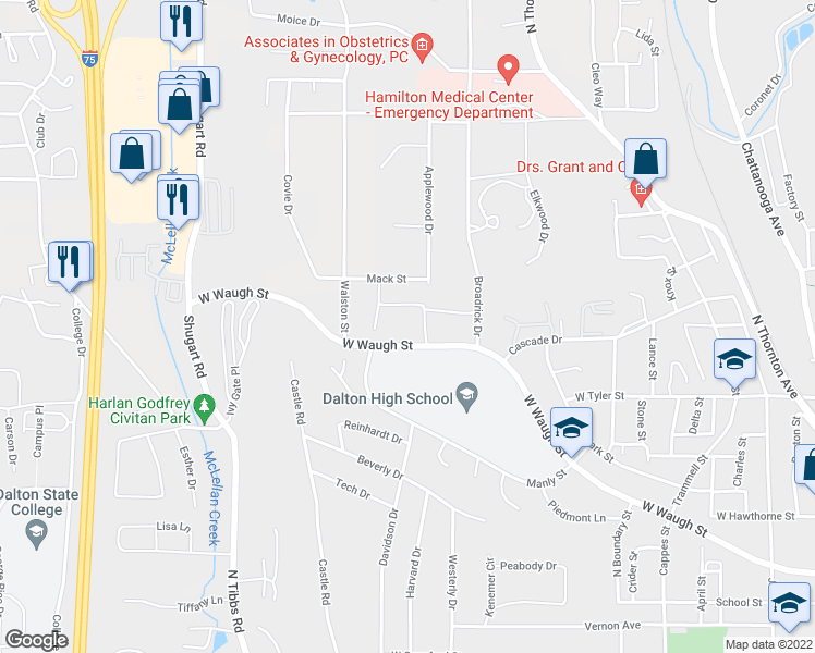 map of restaurants, bars, coffee shops, grocery stores, and more near 1300 West Waugh Street in Dalton